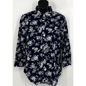 Ralph Lauren Women Top Size Medium Blue White Floral 3/4 Sleeve Round Hem Button